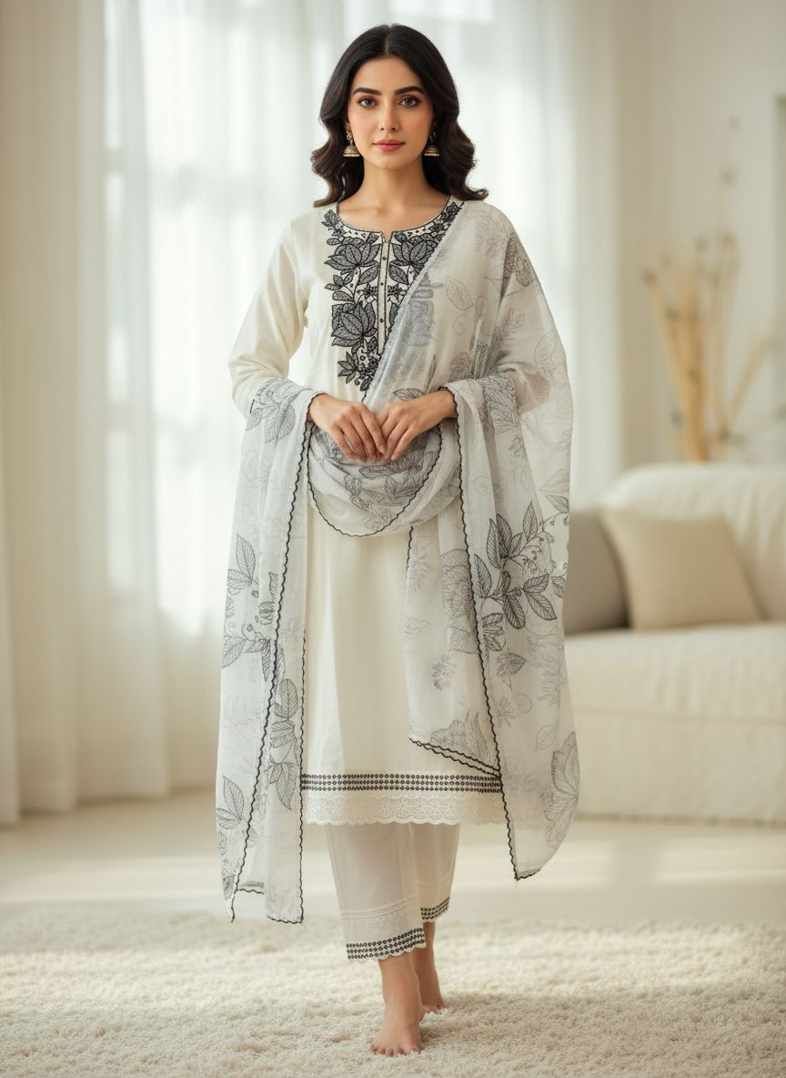 Women Ethnic A-Line Kurta with pant and mulmul cotton dupatta. - Thumbnail 2